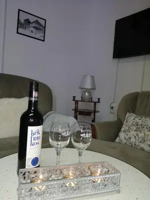 a bottle of wine and two wine glasses on a table at Studio Apartman Sun in Jajce