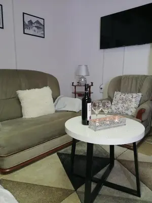 a living room with a couch and a table with wine glasses at Studio Apartman Sun in Jajce