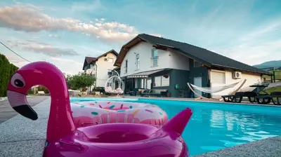 a pink swan float in a swimming pool at Villa De Luxe in Bihać