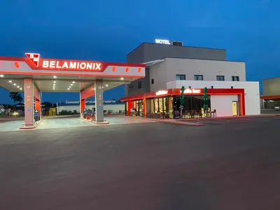 a gas station with a sign that reads beaumontatown at Belamionix motel in Bosanski Šamac
