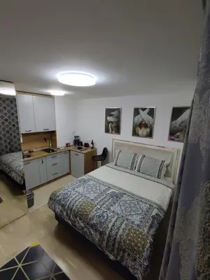 a bedroom with a bed and a sink in it at Skyline by Nights & Smiles in Tuzla