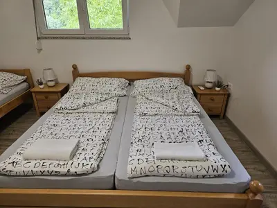 two twin beds in a room with two windows at Villa DIAL Lohovo-dvoslap in Bihać