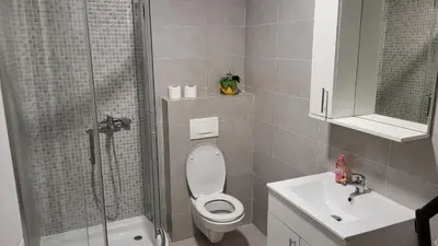 a bathroom with a shower and a toilet and a sink at Apartman La Valletta, Doboj in Doboj