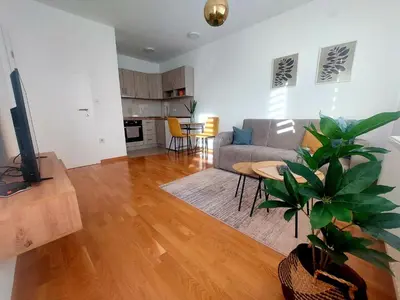 a living room with a couch and a potted plant at Apartman La Valletta, Doboj in Doboj