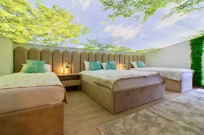 two beds in a room with a ceiling at Apartman Monti Vlašić in Vlasic