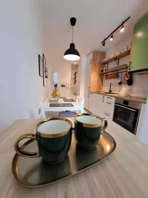 two coffee cups sitting on a tray on a kitchen counter at Babalina's Place in Bihać
