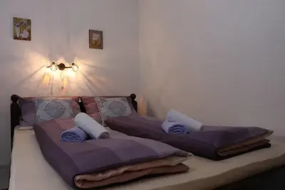 two beds in a room with purple sheets and pillows at Orhideja Visoko in Visoko