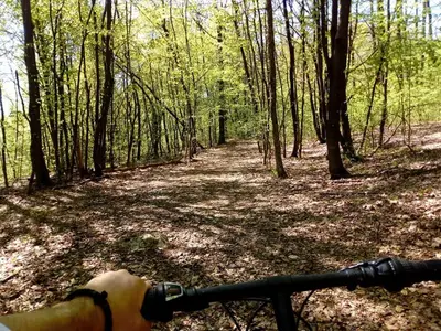 a person riding a bike on a trail in the woods at Apartman Brezuljak Banja Luka Cokorska polja in Macanovići