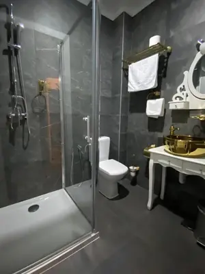 a bathroom with a shower and a toilet and a sink at Hotel PALACE in Velika Kladuša