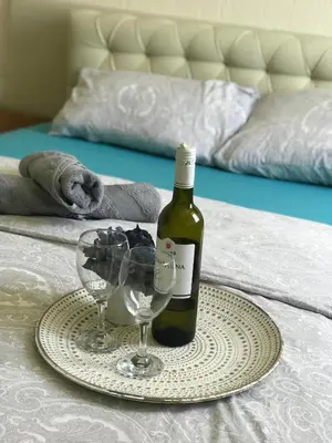 a bottle of wine and two glasses on a bed at Tresnja in Banja Luka