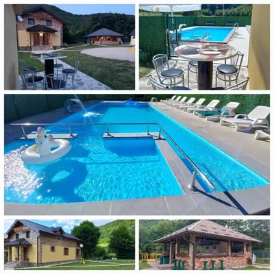 a collage of four pictures of a swimming pool at Vikendica, Bazen, Šedrvan, Rafting na Uni, Quad in Bihać