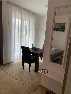a dining room with a table and a mirror at Villa Orela Zenica in Zenica