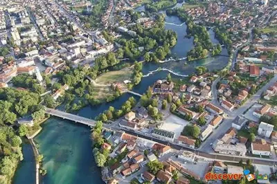 an aerial view of a city with a river at BIG Apartment 3 Bedrooms in Bihać