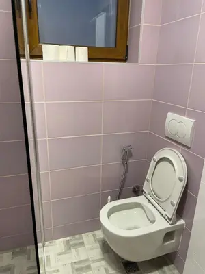 a bathroom with a toilet and a mirror at Exclusive apartments Visoko 2022 in Visoko