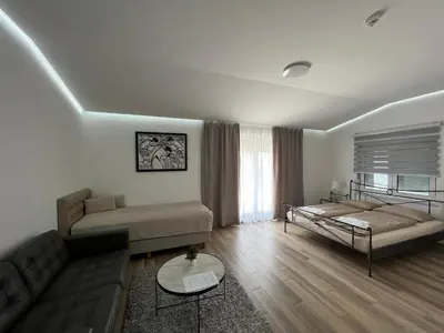 a living room with a couch and a bed at Evita Apartmani Šibovska in Prnjavor
