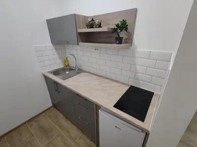 a small kitchen with a sink and a counter top at Evita Apartmani Šibovska in Prnjavor