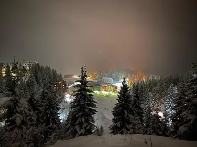 a snow covered city at night with snow covered trees at Villa 
