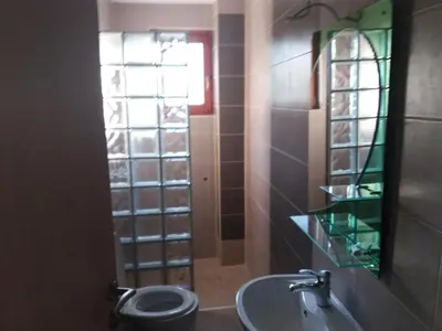 a bathroom with a sink and a toilet and a mirror at Villa Goleš Travnik in Travnik