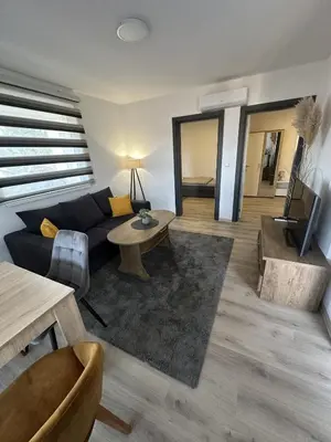 a living room with a couch and a table at Ammirevole Ravne Apartments in Visoko