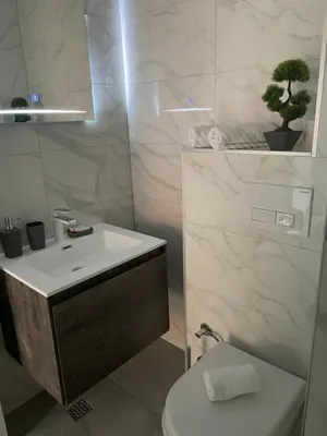 a white bathroom with a sink and a toilet at Ammirevole Ravne Apartments in Visoko