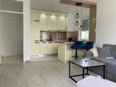 a living room with a couch and a kitchen at Slijepcevic in Teslić