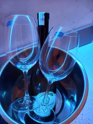 two wine glasses in a metal bowl with wine bottles at Apartman Vrbas sa Podzemnom garazom in Banja Luka