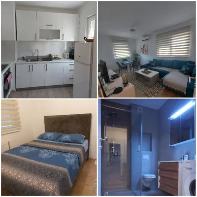 three pictures of a kitchen and a living room at Apartman Vrbas sa Podzemnom garazom in Banja Luka