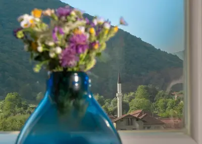 a blue vase with a bunch of flowers in it at Resort Una Park in Bihać