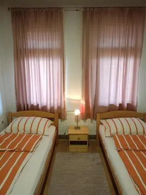 a bedroom with two beds and a table with a lamp at Apartment and rooms