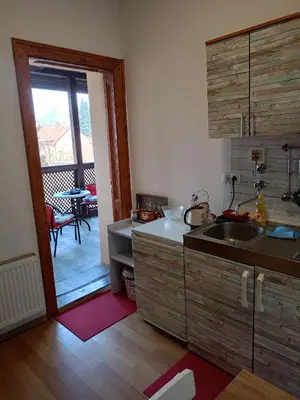 a kitchen with a sink and a door to a patio at Apartment and rooms