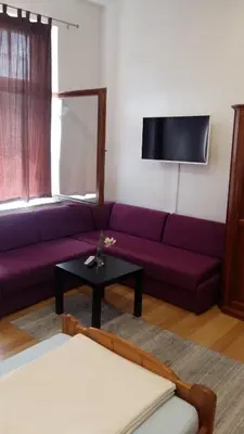 a living room with a purple couch and a table at Apartment and rooms