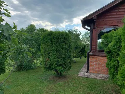 a bush next to a brick building with a tree at Family resort TRAPISTI in Banja Luka