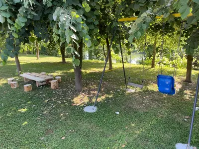 a picnic table and a swing under a tree at Family resort TRAPISTI in Banja Luka
