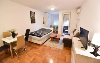 a living room with a bed and a couch and a table at Apartman Garden in Banja Luka