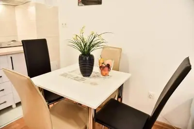 a table with chairs and a vase with a plant on it at Apartman Garden in Banja Luka