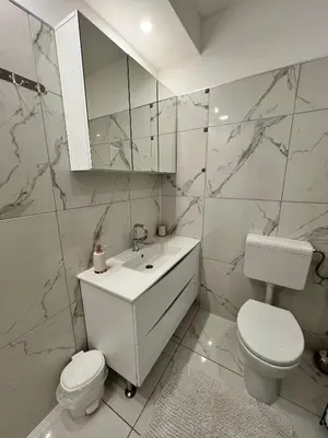 a white bathroom with a toilet and a sink at Apartmani Gandi in Bihać