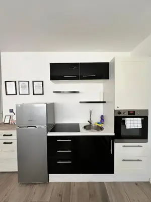 a kitchen with a stainless steel refrigerator and a sink at Apartmani Gandi in Bihać