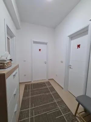 a room with two white doors and a rug at Apartman Tea in Kupres