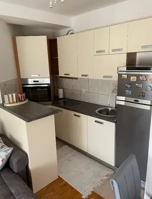a kitchen with white cabinets and a stainless steel appliance at Lara in Banja Luka