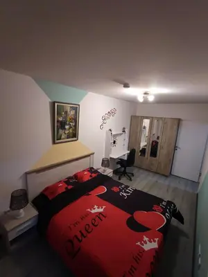 a bedroom with a large bed with a red comforter at Stan na dan Apartman KRISFIL Prnjavor in Prnjavor