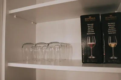 a shelf with wine glasses and a book at Take it easy Apartment in Visoko