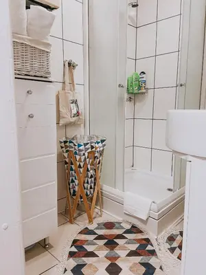 a bathroom with a shower and a toilet and a rug at Take it easy Apartment in Visoko