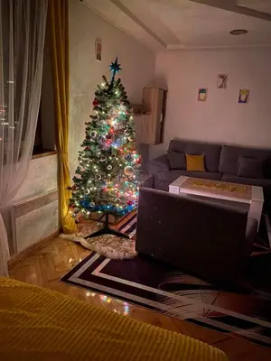 a christmas tree in a living room with a laptop at Apartman Teddy12-Vlašić in Vlasic