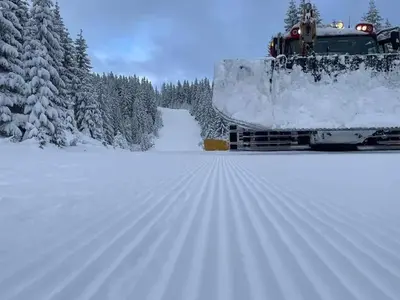 a train traveling through a snow covered forest at Apartman Teddy12-Vlašić in Vlasic