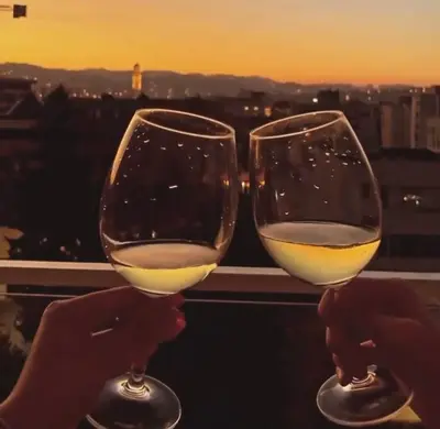 two hands holding wine glasses with the sunset in the background at Stan na dan Bella in Banja Luka