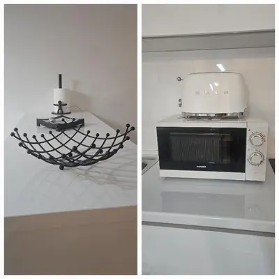two pictures of a kitchen with a toaster and a microwave at Apartman Anđela in Kupres