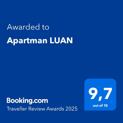 a blue sign with the text awarded to aprilanan luan at Apartman LUAN in Banja Luka