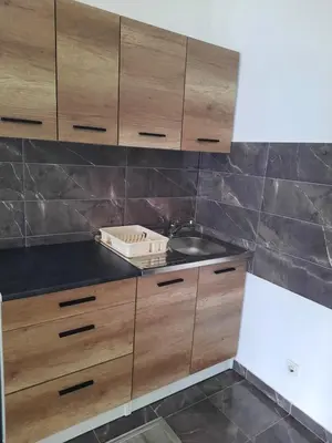 a kitchen with wooden cabinets and a sink at Apartman San in Bugojno