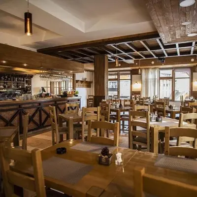 a restaurant with wooden tables and chairs and a bar at Hotel Villa Ugar Vlašić in Vlasic