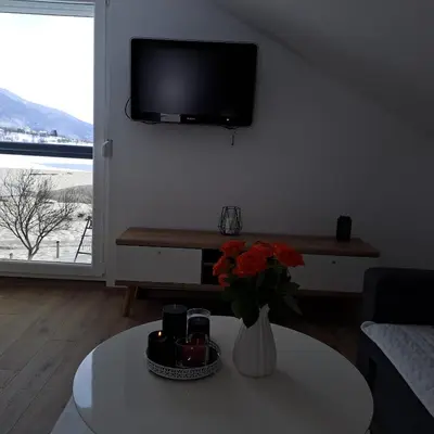 a living room with a vase of flowers on a table at Vikendica Bruše in Jaklići